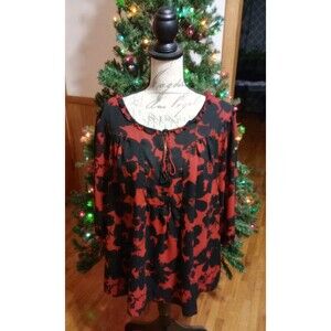 a.n.a. Women's Red & Black Floral Lined SS Blouse Sz Plus 3X Ruffle Trim Dressy